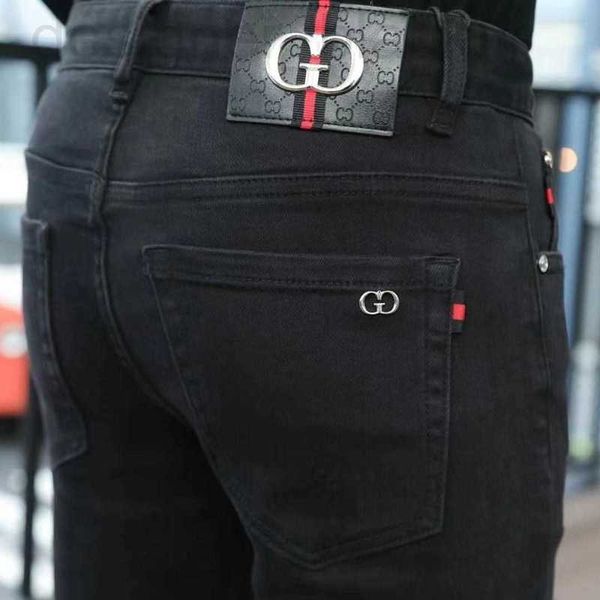 Jeans masculinos outono novas calças masculinas high-end produtos europeus puro preto alto elástico fino ajuste jeans moda tendência marca luxo vzfc