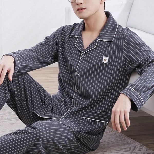 Pijamas masculinos conjunto outono manga comprida duas peças coreano solto listrado pijamas masculino casual roupas de dormir