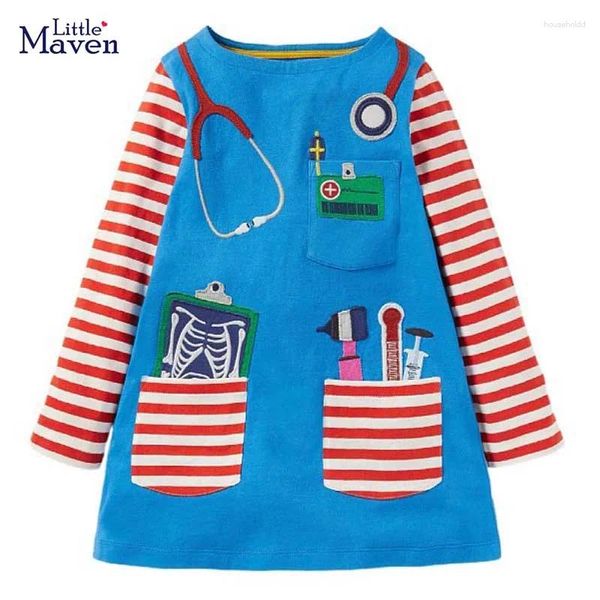 Abiti da ragazza Little Maven 2024 Neonate Abiti casual blu Abito da tasca in cotone autunnale Adorabile per abiti comfort per bambini