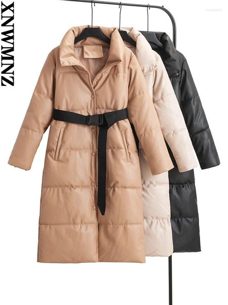 Damen-Trenchmäntel XNWMNZ 2024 Herbst Winter Frau Mode Leder Lange Thermo Gepolsterte Jacke Mit Gürtel Frauen Vintage Parka Faux Baumwolle Mantel