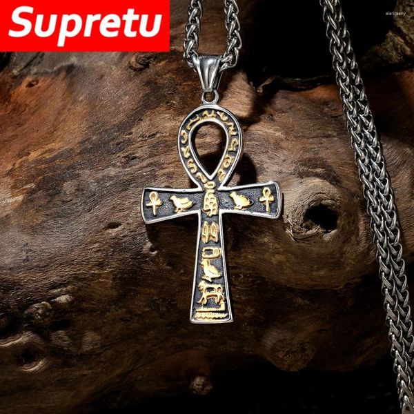 Collane con ciondolo Antico Egitto Ankh Croce Uomo Retro Mitologia Simbolo Catena Acciaio inossidabile Personaggi cuneiformi Amuleto Gioielli con ciondoli