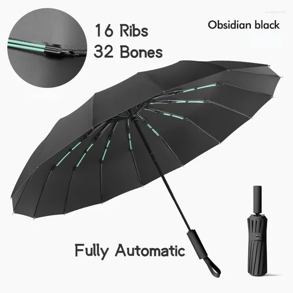 Зонты 16K 16 ребер 32 кости Прочный ветрозащитный автоматический складной зонт от солнца и дождя Виниловый чехол с защитой от ультрафиолета Черный солнцезащитный крем для женщин и мужчин