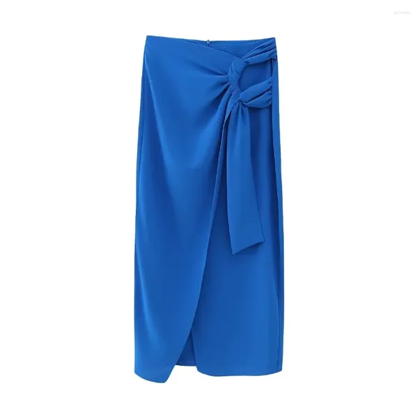 Юбки, завязанная юбка-саронг для женщин, модная высокая талия, миди со складками, женская, синяя, с бантом сбоку, длинная осень 2024 г.