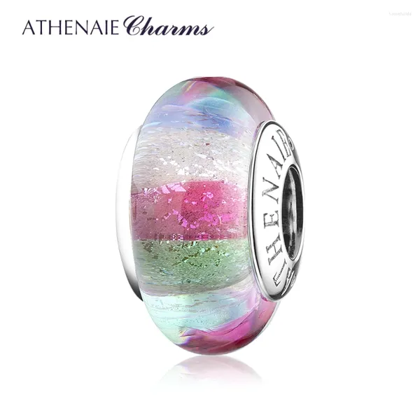 Pedras preciosas soltas athenaie genuíno 925 prata esterlina encantos colorido arco-íris murano contas de vidro para fazer jóias ajuste charme pulseira