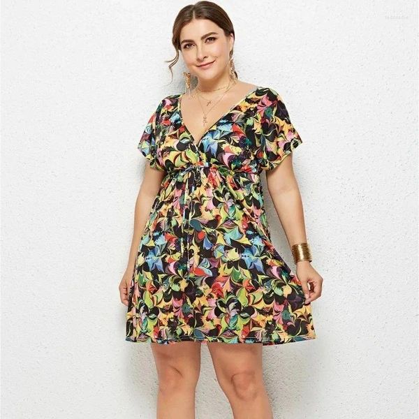 Plus size vestidos roupas femininas moda casual com decote em v manga curta sem costas cintura alta rendas até ruched boêmio mini vestido