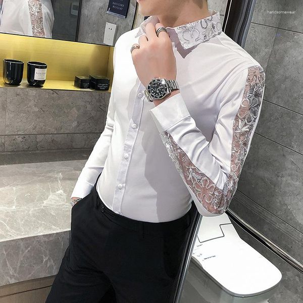 Camicie casual da uomo Camicia patchwork di pizzo sexy stile britannico Manica lunga Camicia da ballo di lusso Sottoveste Discoteca Abito sociale slim fit