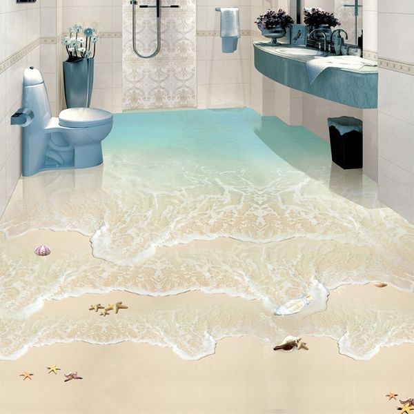 Modern Simple Beach Sea Wave Photo Wall Paper 3D Floor Tiles Murals Sticker Bathroom Waterproof Self Adhesive 3D Wallpaper 288e