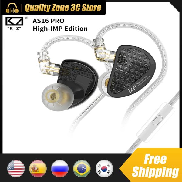 Microfones Kz As16 Pro Fones de ouvido com fio 3,5 mm Plug in Ear Earbuds Cancelamento de ruído Fone de ouvido de ferro em movimento puro para entusiasta de alta fidelidade Ergonômico