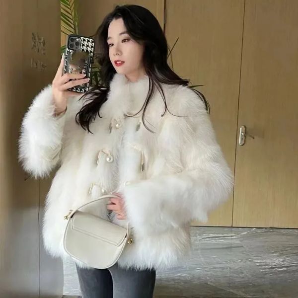 Fur Xpqbb White Faux Fur Coat for Women Korean Fashion Standup Standup Collar Faux Fox Fur Jackets Mulher grossa de inverno quente