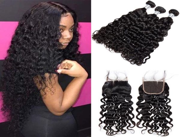 Pacotes inteiros de cabelo virgem brasileiro com fechamento de renda onda de água onda profunda kinky encaracolado solto onda profunda tecer cabelo humano extensos8418753