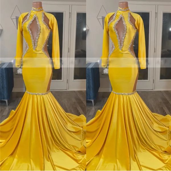 Vintage amarelo manga longa alta pescoço vestidos de baile sereia sexy cutaway lados keyhole pescoço vestidos de noite com cristais adolescentes roupões de formatura