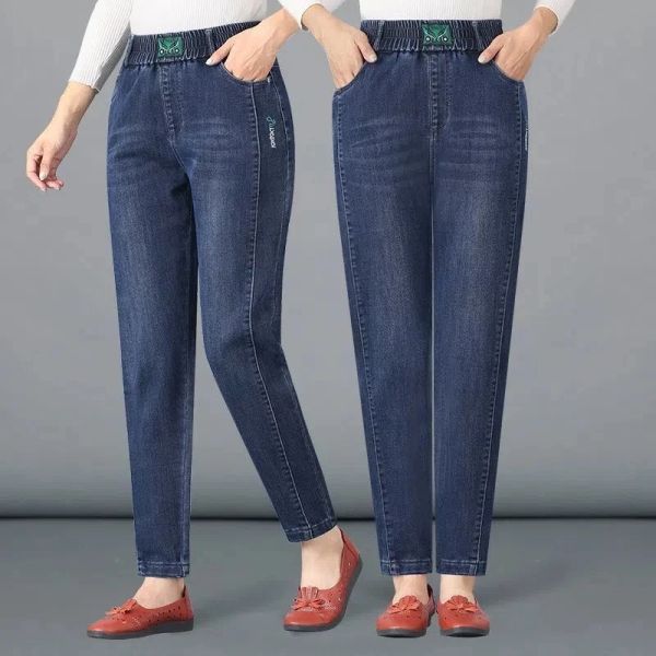 Джинсы для мамы, новые эластичные джинсовые брюки с высокой талией большого размера, женские свободные повседневные прямые джинсы среднего возраста, женские брюки
