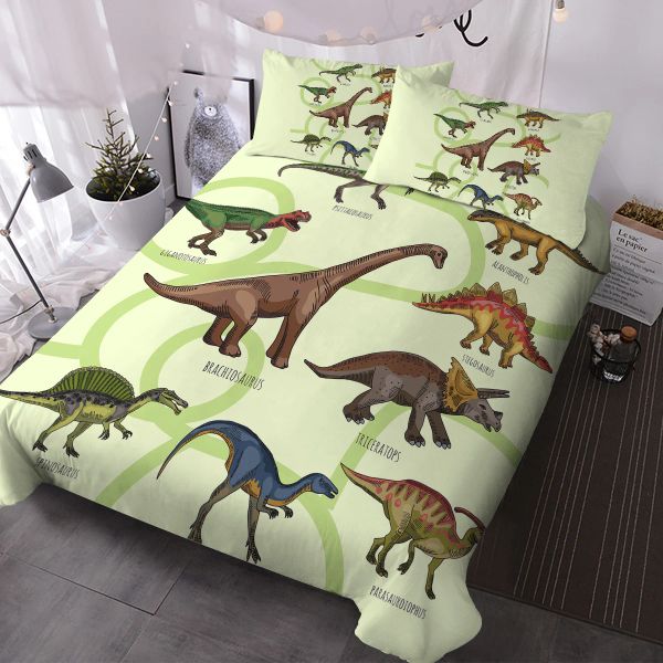 Defina linhas verdes e dinossauros design de cama de 3 peças Tampa de edredão de 3 peças com 2 cortinas de travesseiro shams