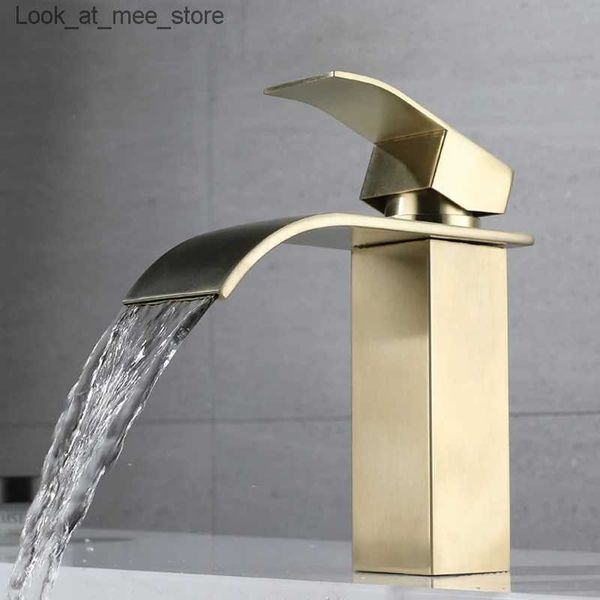 Rubinetti per lavandino del bagno Rubinetto per lavabo a cascata installazione sul ponte serbatoio dell'acqua in acciaio inossidabile spazzolato oro miscelatore caldo e freddo toletta per il bagno Q240301