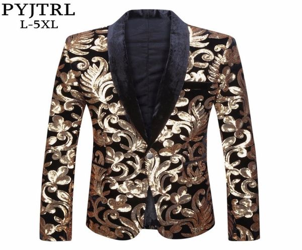 Pyjtrl masculino xale lapela blazer projetos plus size 5xl preto veludo ouro flores lantejoulas terno jaqueta dj clube palco cantor roupas mx18915051