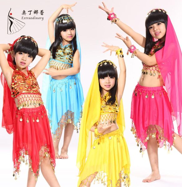 5 peças headweartopskirt2 handwear crianças bollywood vestido indiano trajes de dança do ventre realizando meninas profissional para crianças 6358620