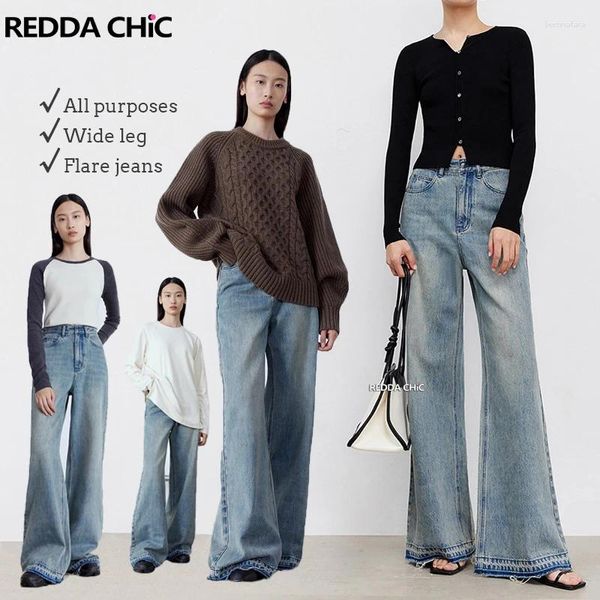 Jeans da donna ReddaChic spazzolato svasato largo retrò blu sfilacciato gamba larga pantaloni casual a vita alta con taglio a stivale coreano Y2k streetwear