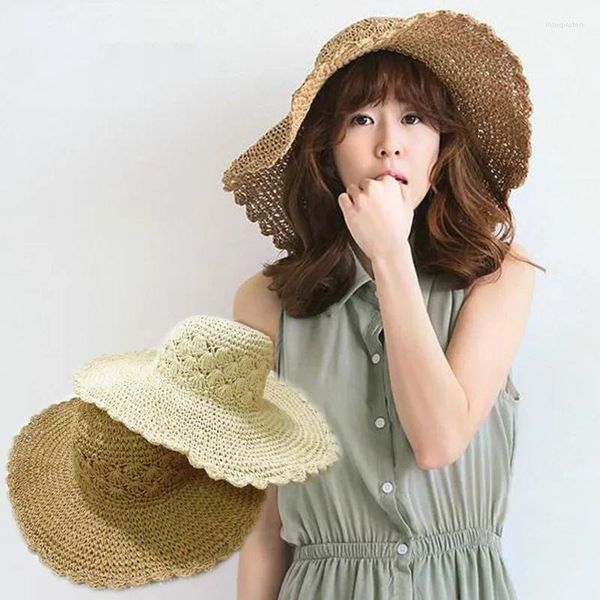 Cappelli a tesa larga pieghevoli da donna estivi per il sole, fatti a mano da spiaggia, in paglia cava, visiera per cappello da donna