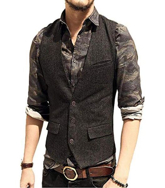 Men039s Yelekler Slimfit Herringnone Tüvit Taksi Yelek Üç Düğme yünlü Blend Yelekler Gilet Homme Vintage Herren Westen525744