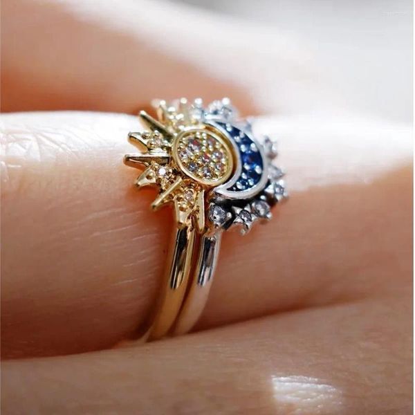 Кольца кластера, летнее небесно-синее сверкающее кольцо с луной и солнцем для женщин, коктейльное штабелируемое кольцо на палец, модные ювелирные изделия с кристаллами