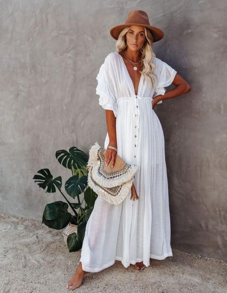 Sexy coverups longo branco túnica vestido casual verão praia vestido feminino plus size beach wear cobrir vestido mulher roupas 2105216352591