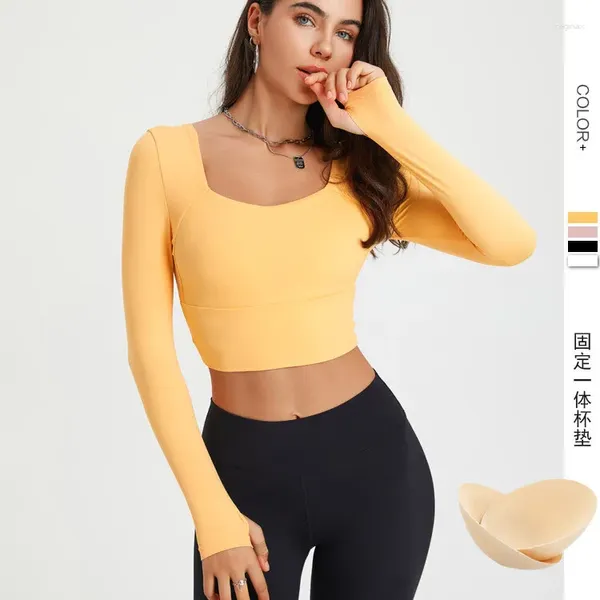 Camisas ativas qiele copo fixo camisa esportiva com almofada no peito feminino manga longa midriff-baring secagem rápida elástico treino yoga topos