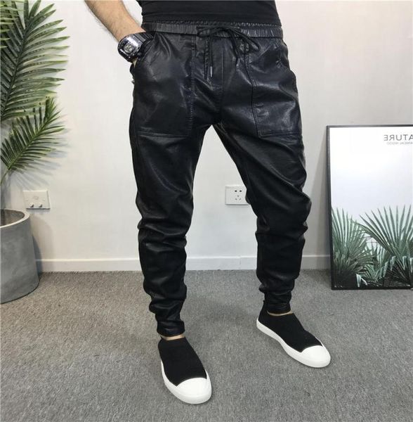 Men039s pantolon sokak kıyafeti hip hop erkekler sıska sahte deri artı bisikletçi harem pantolon joggers black7446071