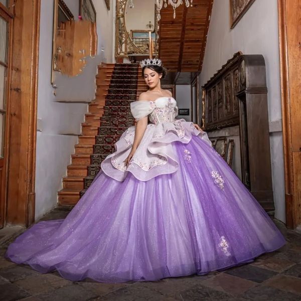 Abito da ballo lucido viola vestito Quinceanera Sweet 15 16 anni Birthday Party Wear Sweetheart Off spalla Princess Long Girls