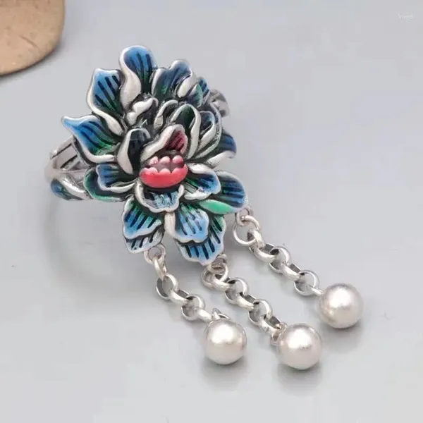 Anéis de cluster esmalte colorido flor de lótus para mulheres vintage artesanato estilo nacional elegante borla 925 anel de prata jóias vistosas