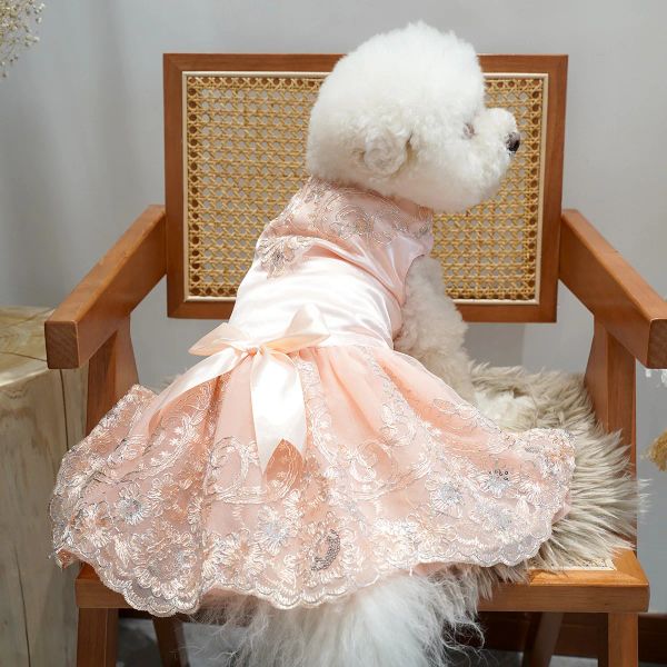 Abiti eleganti Bowknot Abito da sposa per cani Abito da principessa per cuccioli Fiore ricamato Design di lusso Abbigliamento per cani per cani di piccola taglia Festa di ballo