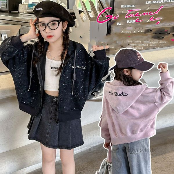 Grandi ragazze paillettes giacca vecchi bambini lettera stampata con cappuccio manica lunga outwear 2024 primavera adolescenti abiti casual larghi Z6908