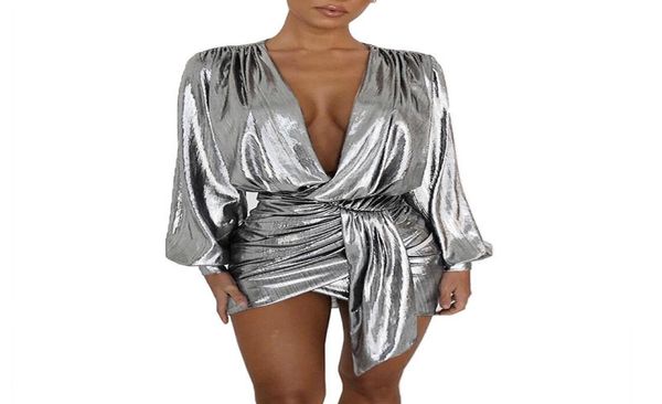 Sexy Silber Langarm Minikleid Neue Frauen Tiefem V-ausschnitt Geraffte Night Out Clubwear Metallic Wrap Kleid Asymmetrische Club Kleider Y8546799