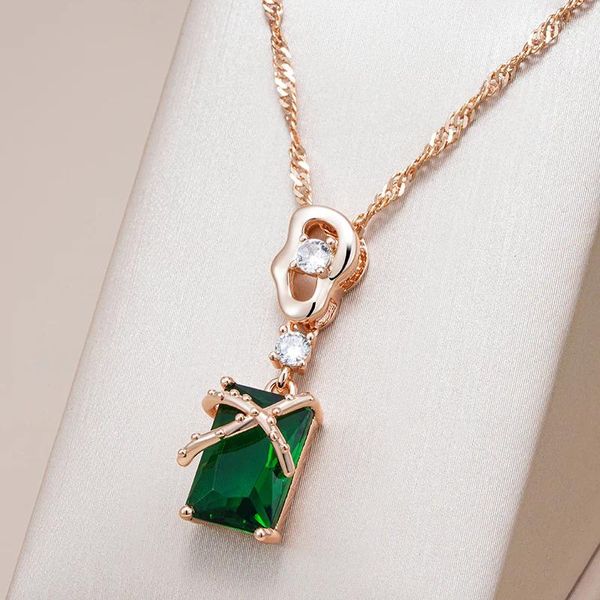 Ожерелья с подвесками Kinel, роскошное квадратное зеленое ожерелье с натуральным цирконом для женщин, розовое золото 585 пробы, повседневное легкое сочетание ювелирных украшений