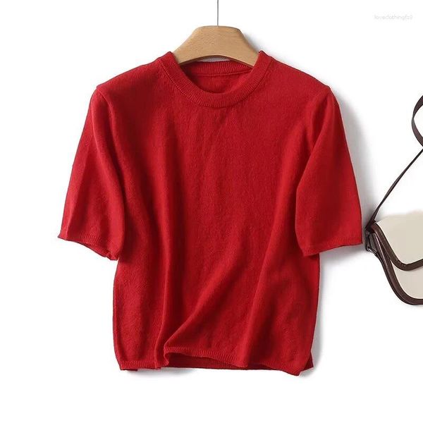 Mulheres Camisetas YENKYE 2024 Red Knit Shirt Mulheres O Pescoço Manga Curta Primavera Verão Tees Crop Top