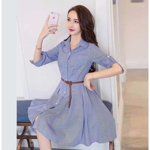 Vestidos casuais mulheres coreano verão traje sete quartos manga camisa saia moda feminina azul branco listrado vestido fino ajuste