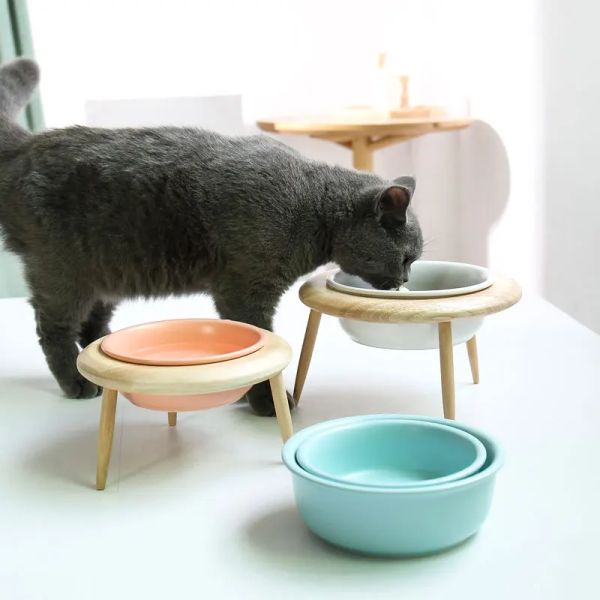 Suprimentos Ulmpp Creative UFO Cat Bowl Cerâmica com Suporte de Madeira Alimentador para Animais de Estimação Elevado Gatinho Filhote de Cachorro Comida Prato de Alimentação de Água Suprimentos para Cães