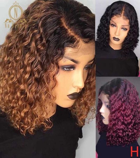 Ombre Color Curly Bob Wig Короткие парики из натуральных волос для чернокожих женщин Блондинка Бордовый 13x6 Парик из натуральных волос на шнуровке Nabeauty 1801688739