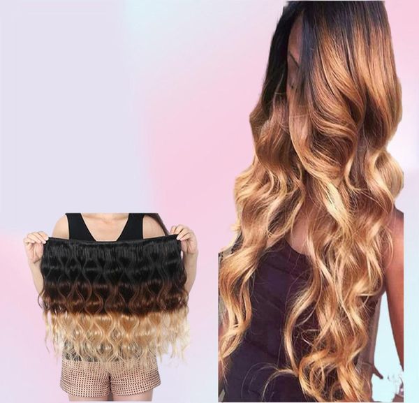 Brzailian Ombre Hair Extension Tre toni 1B427 Onda del corpo Marrone Tessuto dei capelli umani 3 pacchi Economici Colorati Biondi brasiliani Capelli7519613