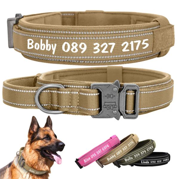 Collari Collare per cani personalizzato Collari per addestramento tattico militare per cani Riflettente Durevole Stampa gratuita con manico resistente per cani di taglia grande