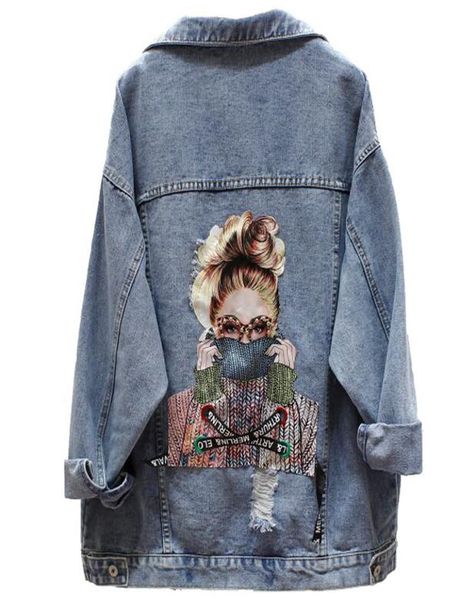 Женская джинсовая куртка, модная уличная одежда, стильная буква 2021, шикарные рваные джинсы с принтом, лоскутные джинсы в стиле BF, женское пальто5375186