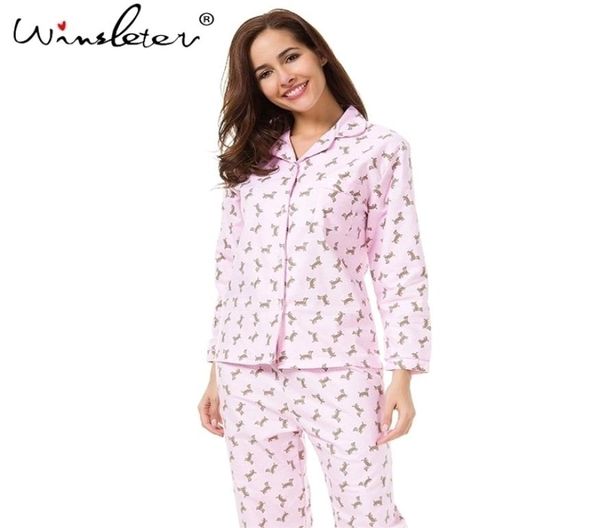 Rosa Pyjama-Set mit süßem Dackel-Print, 2-teiliges Set, Langarm-Oberteil, elastische Taille, Hose, Pyjama aus gebürsteter Baumwolle S7N002 Y2004253507589