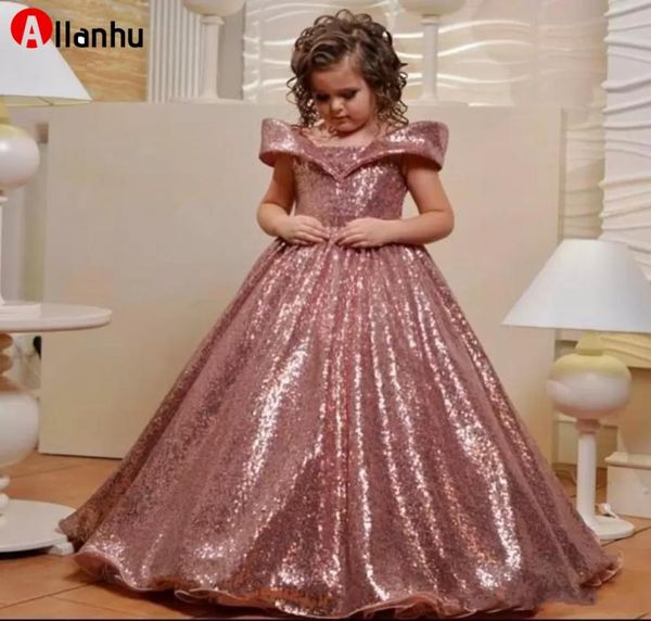 2022 Ano Novo039s Rose Gold Lantejoulas Flor Meninas Vestidos para Casamento Fora Do Ombro Mangas Primeira Comunhão Vestido Crianças Prom D9270062