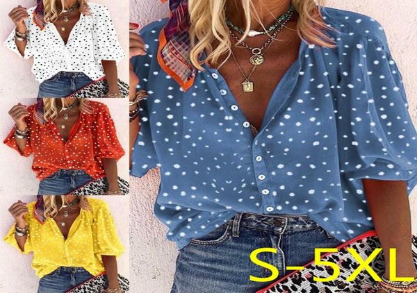 Polka Nokta gömlek kadınlar yaka artı beden kadın039s Bluz bayanlar kırmızı beyaz mavi gömlek moda kıyafet düğmesi üstleri açık dikiş xxx6453574