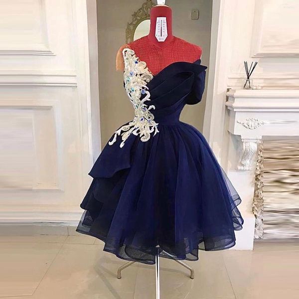 Abiti da festa Abiti da cocktail corti sexy gonfi con maniche in organza da donna Aso Ebi blu navy abiti da ballo abito con applicazioni in pizzo