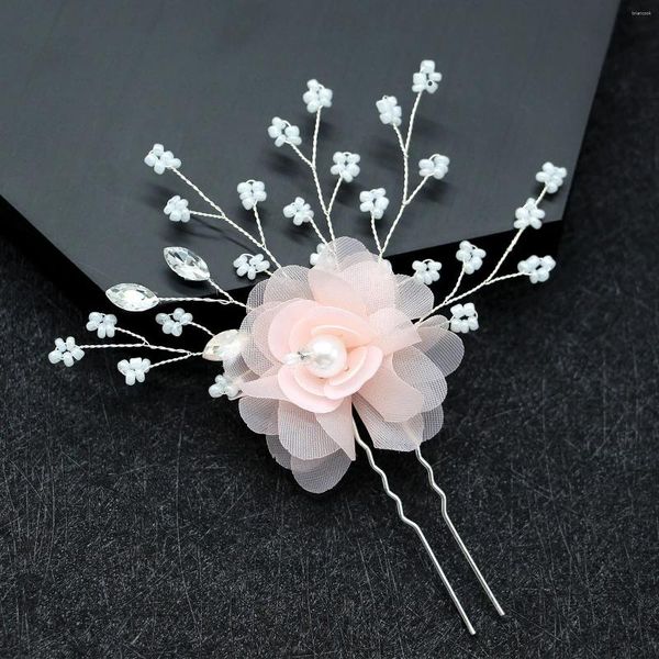 Grampos de cabelo rosa flor hairpin u-forma doce meninas barrettes grânulos pérolas casamento noiva jóias espumante cristal headdress