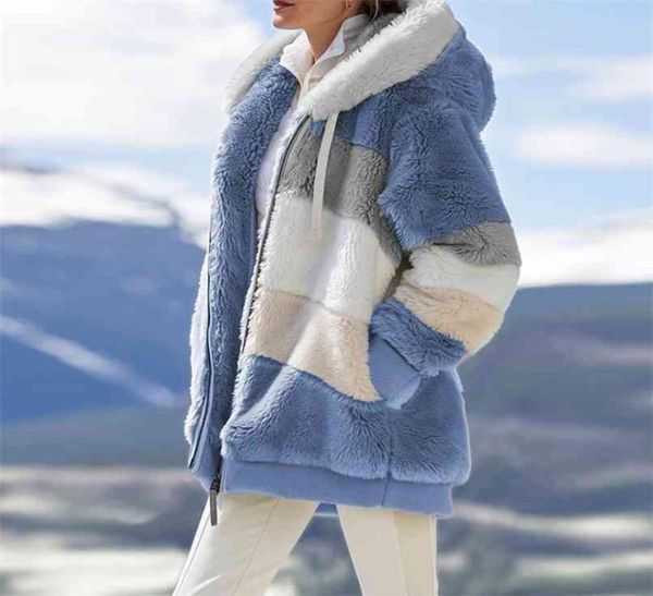 Mulheres jaqueta quente de pelúcia casual solto casaco com capuz cor misturada retalhos inverno outwear pele do falso zíper senhoras parka casaco 2108305569694
