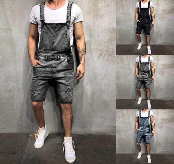 2019 homens oversize jeans rasgados macacões calças curtas verão estilo rua angustiado denim babador macacão suspender calças curtas7537716