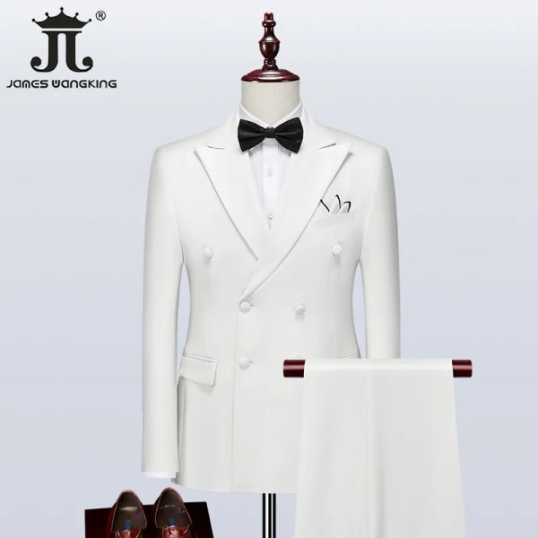 Abiti (giacca + gilet + pantaloni) nero bianco doppio petto stile britannico gentiluomo abito da uomo sposo abito da sposa splendido smoking da ballo
