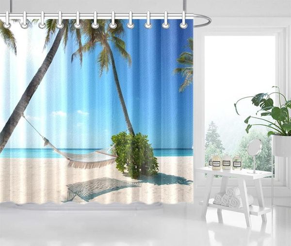 Cortinas de chuveiro 3d cortina palmeiras 200x200 praia tecido impermeável lavável com anéis de banheiro3848179