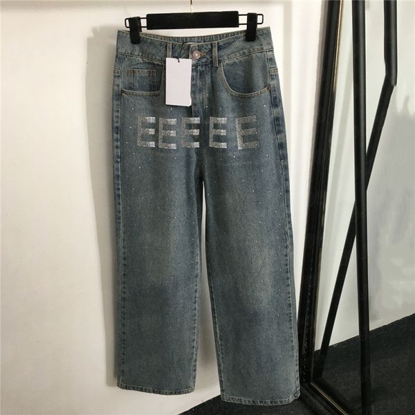 Clássico das mulheres denim calças compridas luxo strass carta jeans de alta qualidade senhoras jean pant streetwear